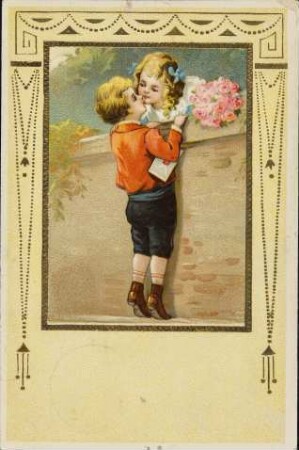 [Junge und Mädchen heimlich an der Mauer]