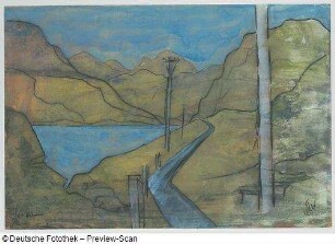 Konstruktive Gebirgslandschaft mit See und Insel (Schottland)