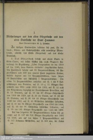 I. Mittheilungen aus dem alten Bürgerbuche und dem alten Stadtbuche der Stadt Hannover