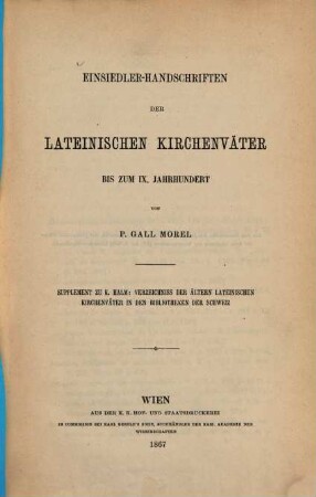 Einsiedler-Handschriften der lateinischen Kirchenväter bis zum IX. Jahrhundert