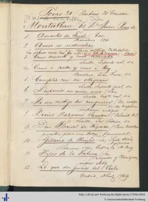 Handschriftliches Inhaltverzeichnis des Bandes