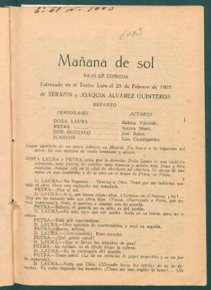 Mañana de sol : Estrenado en el teatro lara el 23 de Febrero de 1905