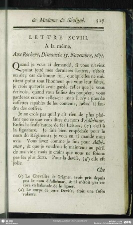 Lettre XCVIII. A la même. Aux Rochers, Dimanche 15. Novembre, 1671