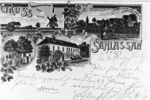 Liebschützberg-Sahlassan. Ortsansichten mit Bockmühle, kolorierte Ansichtskarte, um 1904, Repro
