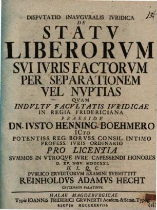 Dispvtatio Inavgvralis Ivridica De Statv Liberorvm Svi Ivris Factorvm Per Separationem Vel Nvptias