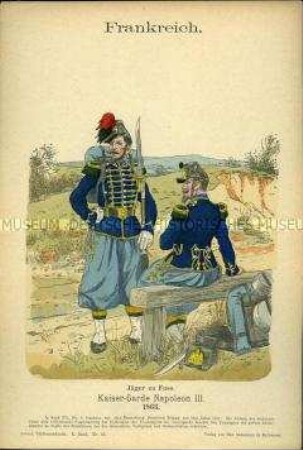 Uniformdarstellung, Gemeine des Jäger-Regiments zu Fuß der Kaisergarde, Zweites Kaiserreich Frankreich, 1863.