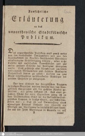 Ausführliche Erläuterung an das unpartheyische Stadtkölnische Publikum