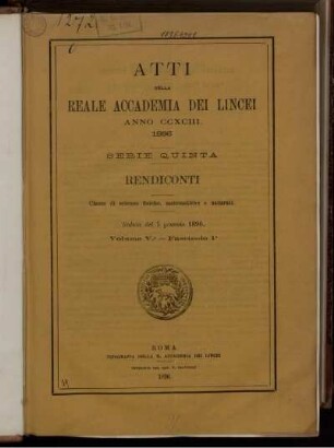 Seduta del 5 gennaio 1896. Volume V. - Fascicolo 1.