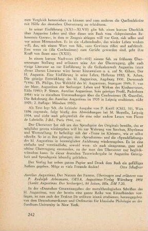 242-243 [Rezension] Augustinus, Aurelius, Der Nutzen des Fastens