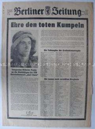 Titelblatt der Tageszeitung "Berliner Zeitung" zum Grubenunglück im Steinkohlenbergwerk "Karl Marx" in Zwickau