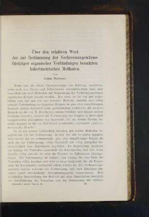 Über den relativen Wert der zur Bestimmung der Verbrennungswärme flüchtiger organischer Verbindungen benutzten kalorimetrischen Methoden