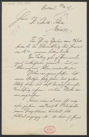 Brief an B. Schott's Söhne : 18.04.1915