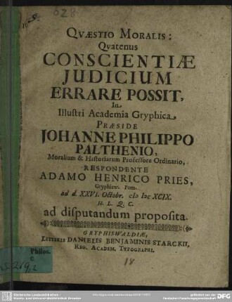 Questio moralis: quatenus judicium conscientiae errare possit