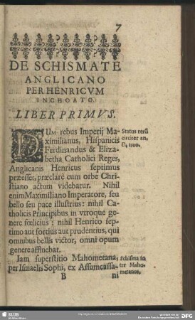 De Schismate Anglicano Per Henricum Inchoato. Liber Primus