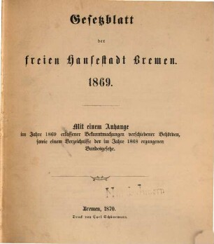 Gesetzblatt der Freien Hansestadt Bremen. 1869, 1869. - 1870