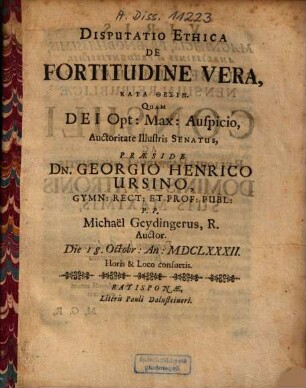 Disputatio Ethica De Fortitudine Veras, Kata Thesin