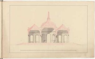 Lusthaus, 2. Entwurfsvariante, Längsschnitt : Lusthaus, 2. Entwurfsvariante, Längsschnitt, Zacharias Longuelune, 1715/1748. Feder, Pinsel in Wasserfarbe/Papier. 28,6 x 45,9 cm. Maßstab ohne Maßeinheit.