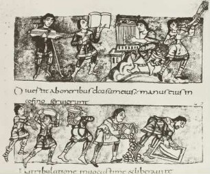 Vier Musikanten und Bauleute : Vier Musikanten und Bauleute. Illustration zum Stuttgarter Psalter. Ottonisch. Stuttgart: Württembergische Landesbibliothek