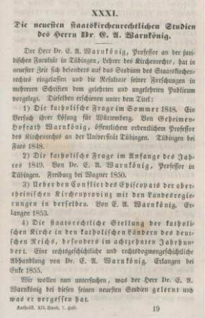 289-299 Die neuesten staatskirchenrechtlichen Studien des Herrn Dr. L. A. Warnkönig