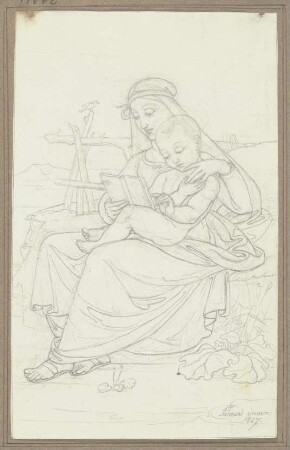 Maria auf einer Rasenbank, mit dem Jesuskind lesend
