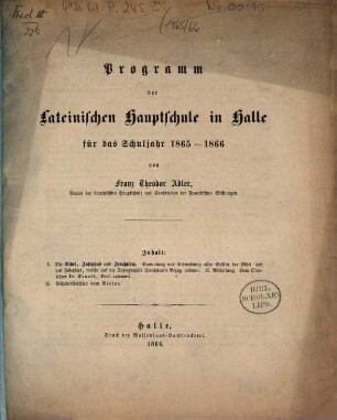 Programm der Lateinischen Hauptschule in Halle : für d. Schuljahr ..., 1865/66