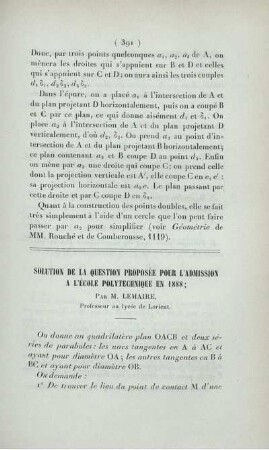 Solution de la question proposée pour l'admission a l'École Polytechnique en 1888.