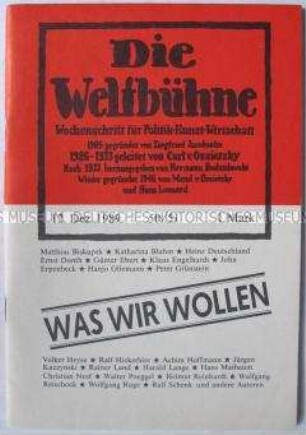 Kulturpolitische Wochenzeitschrift "Die Weltbühne" zur Diskussion um die politische Zukunft der DDR