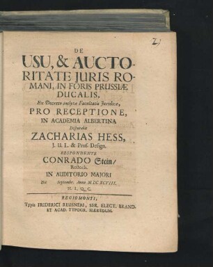 De Usu, & Auctoritate Iuris Romani, In Foris Prussiae Ducalis