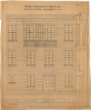 Billing, Hermann; Singen; Krankenhaus - Südwest Fassade (Teilansicht; Grundriss 1. OG; Schnitt)