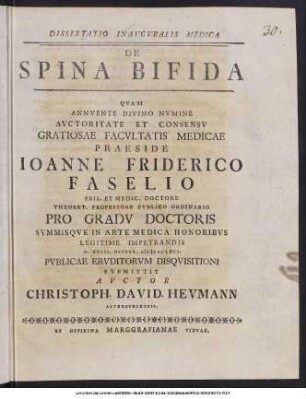 Dissertatio Inauguralis Medica De Spina Bifida
