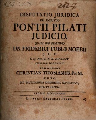 Disp. ... de iniusto Pontii Pilati iudicio