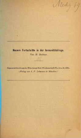 Kleine medizinische Abhandlungen : Separatabdrucke aus der Münchener medizinischen Wochenschrift, 18