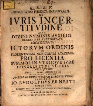 Diss. iur. inaug. de iuris incertitudine