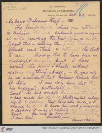 Brief von Edward Singleton Holden an Max Wolf: Brief von Edward Singleton Holden von Lick Observatory an Max Wolf