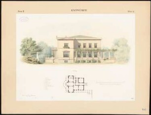 Villa: Vorderansicht, Grundriss (vgl. Inv.Nr. 2331)