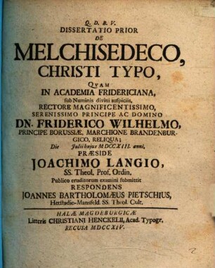 Diss. prior de Melchisedeco, Christi typo
