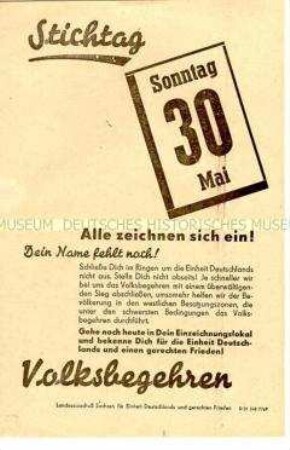 Aufruf des Landesausschusses Sachsen für Einheit Deutschlands und gerechten Frieden zur Einzeichnung für das Volksbegehren 1948