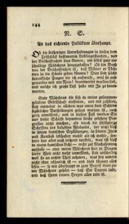 N. S. An das richtende Publikum überhaupt