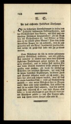 N. S. An das richtende Publikum überhaupt