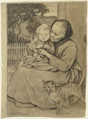 Sitzende alte Frau mit Kind