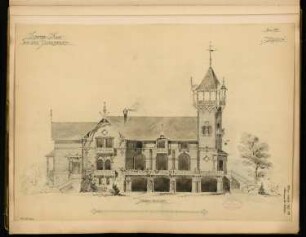 Kaffeehaus auf dem Hausberg bei Hirschberg Monatskonkurrenz April 1887: Aufriss Vorderansicht; Maßstabsleiste