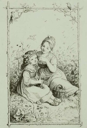 Zwei Mädchen mit Kirschen : Adrian Ludwig Richter. Zwei Mädchen mit Kirschen. Graphit, Wasserfarben, 16,8 x 11,4 cm. Verwalter, Kupferstich-Kabinett Dresden