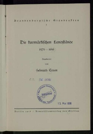 1: Die kurmärkischen Landstände 1571-1616