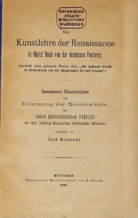 Die Kunstlehre der Renaissance in Opitz' Buch von der deutschen Poeterey