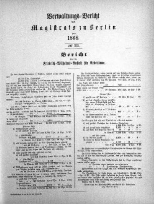 No. XII. Bericht über die Friedrich-Wilhelms-Anstalt für Arbeitsame
