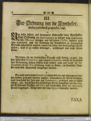 III. Tax-Ordnung vor die Apotheker