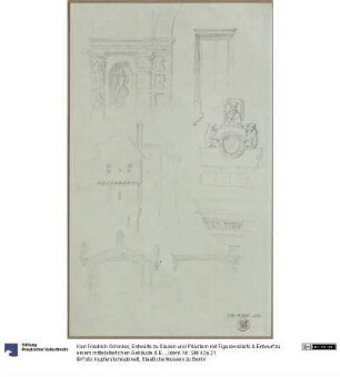 Entwürfe zu Säulen und Pilastern mit Figurenreliefs & Entwurf zu einem mittelalterlichen Gebäude & Entwürfe zu architektonischen Details