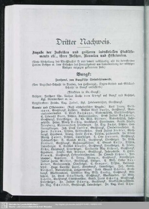 Dritter Nachweis. Angabe der Fabriken und größeren industriellen Etablissements etc., ihrer Besitzer, Beamten und Officianten : Burgk; Coßmannsdorf; Deuben; Döhlen; Hainsberg; Neucoschütz; Potschappel; Tharandt; Zaukeroda