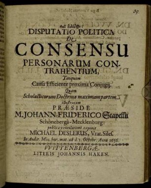 Disputatio Politica De Consensu Personarum Contrahentium, Tanquam Causa Efficiente proxima Coniugii