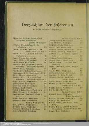 Verzeichnis der Inserenten in alphabetischer Reihenfolge